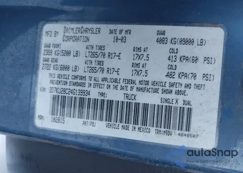 2004 Dodge Ram 2500 Slt/Laramie from USA, damaged, VIN 3D7KU28C24G139934